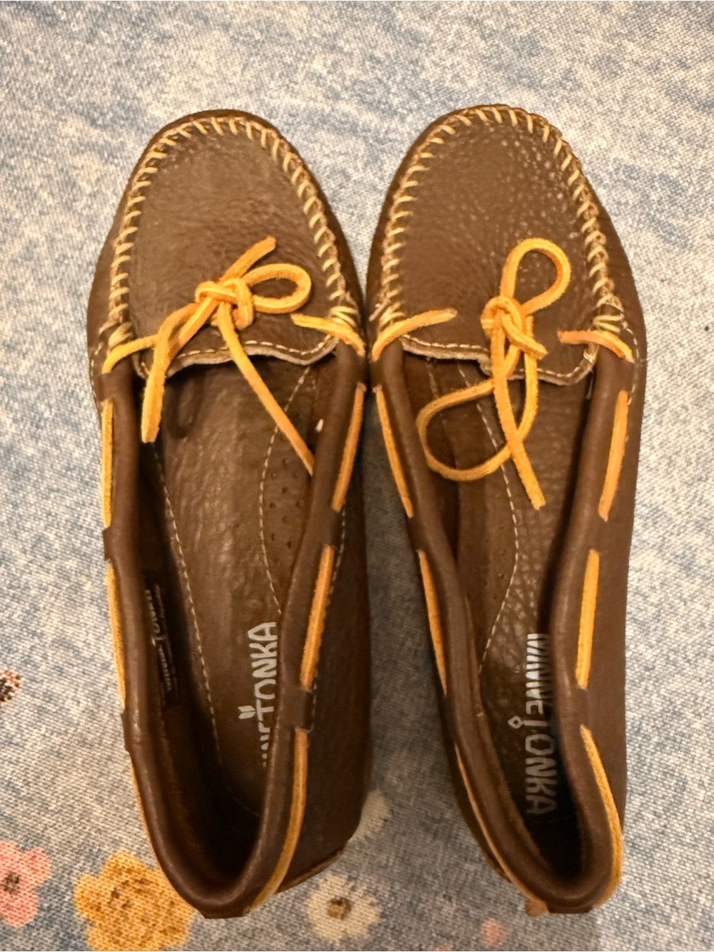 Minnetonka Brown Leather Moccasins with Tan Laces